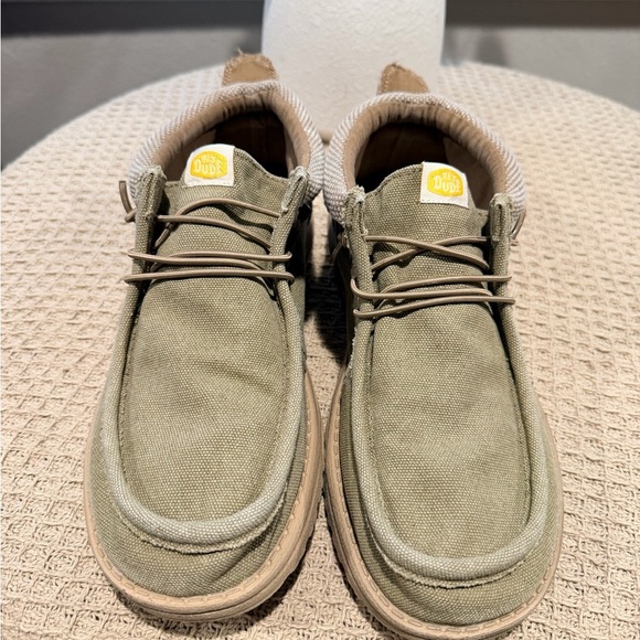 Hey Dude Olive Green Canvas Slip-On Loafers with Tan Sole